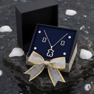 18K White Gold Plated Bear Necklace Earrings Set Stainless Steel Hypoallergenic